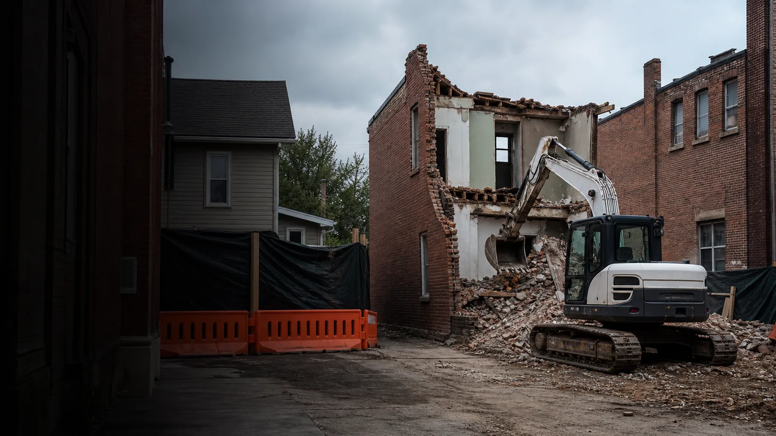 Controlled demolition work at a Michigan building site with protected adjacent areas