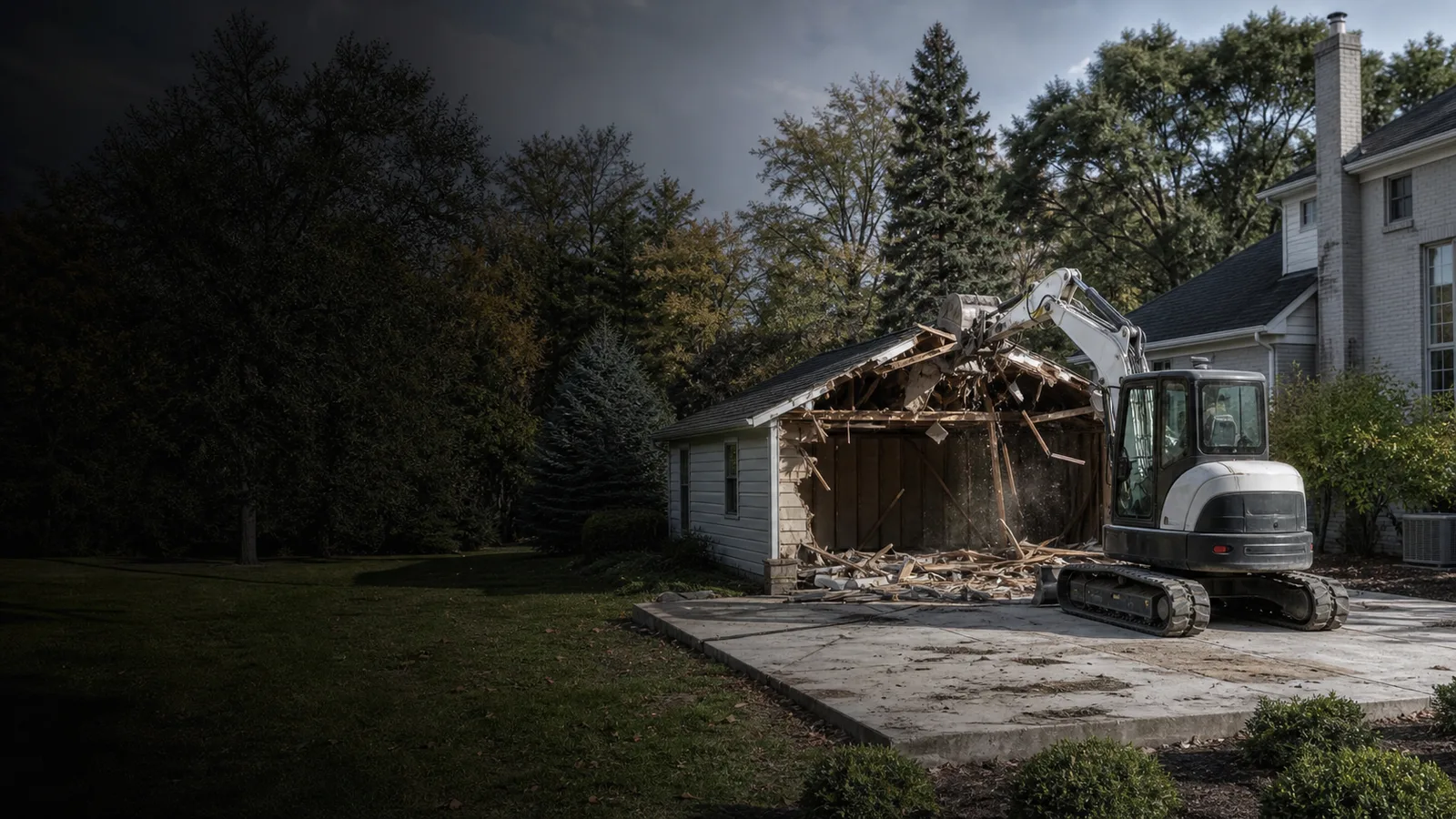 Excavator beside concrete removal work at a Canton Township property