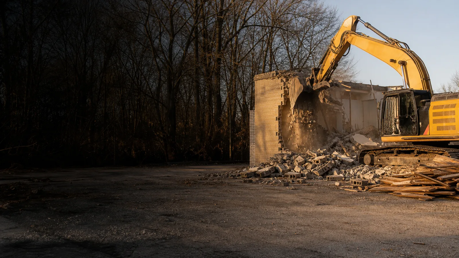 Controlled demolition equipment at a Michigan building removal site