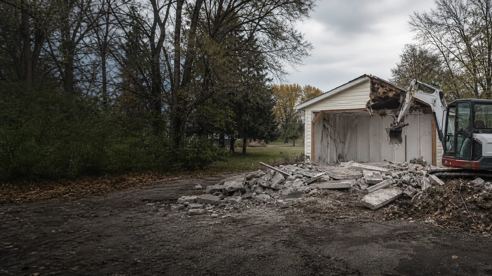 Excavator handling controlled demolition debris at a Dundee, Michigan property