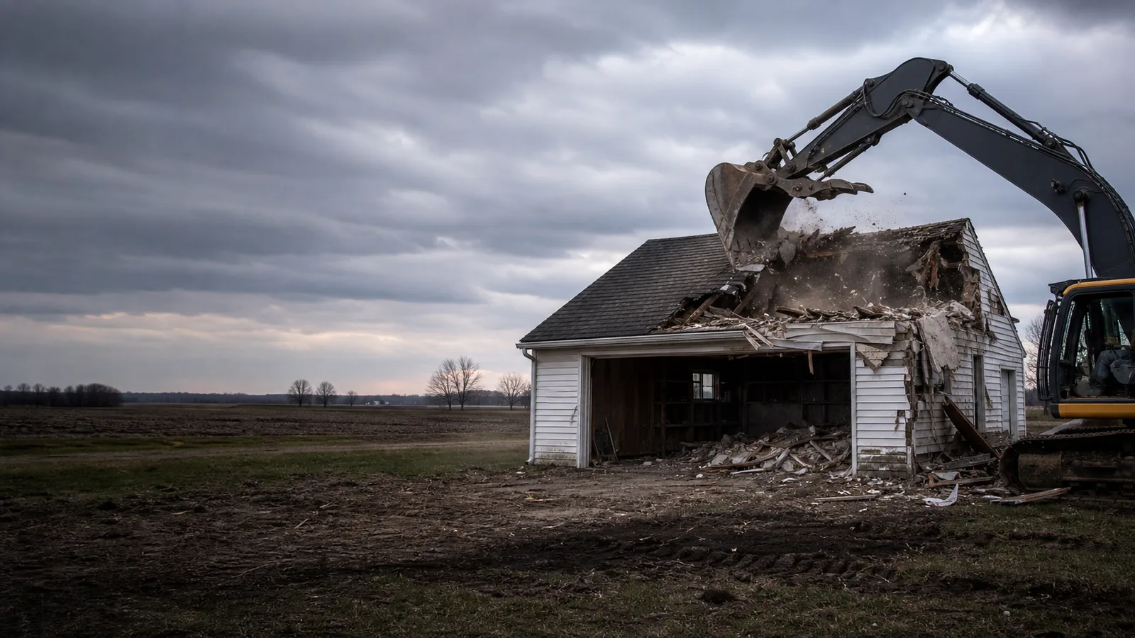 Michigan demolition site with equipment staged for controlled removal