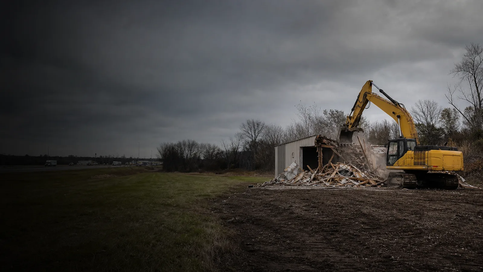 Excavator and haul truck at a controlled Romulus demolition site