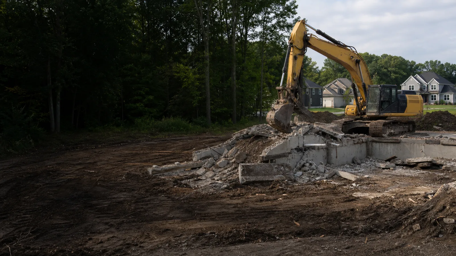 Demolition and concrete removal equipment at a South Lyon, Michigan site