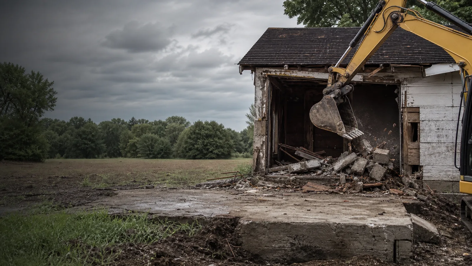 Excavator at a controlled Tecumseh, Michigan demolition and cleanup site