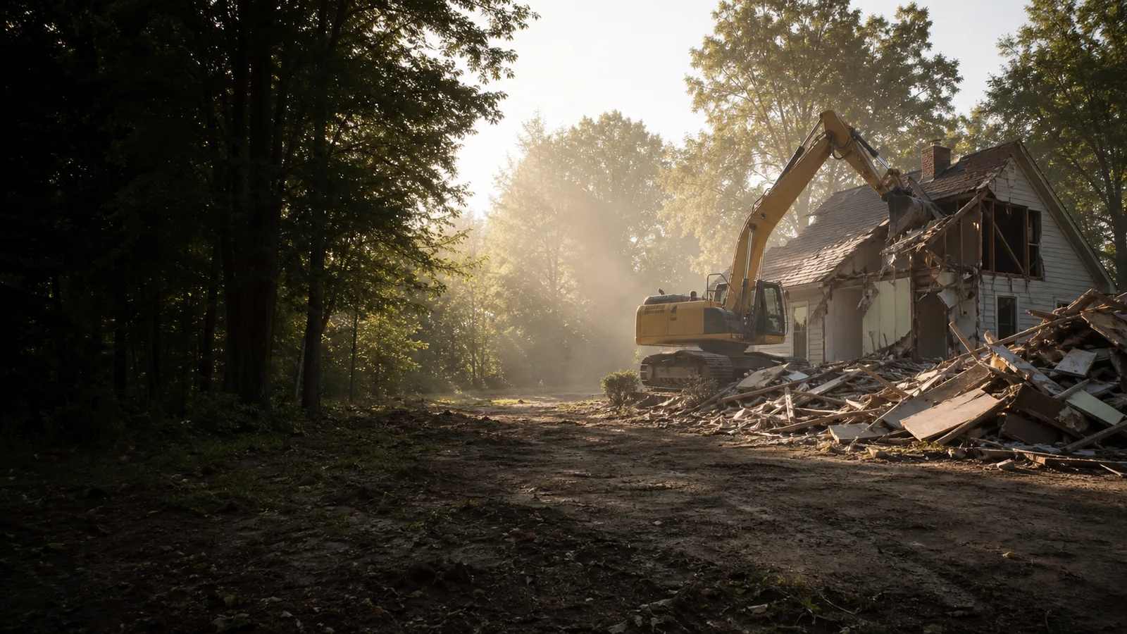 Excavator preparing a controlled demolition site in Van Buren Township, Michigan