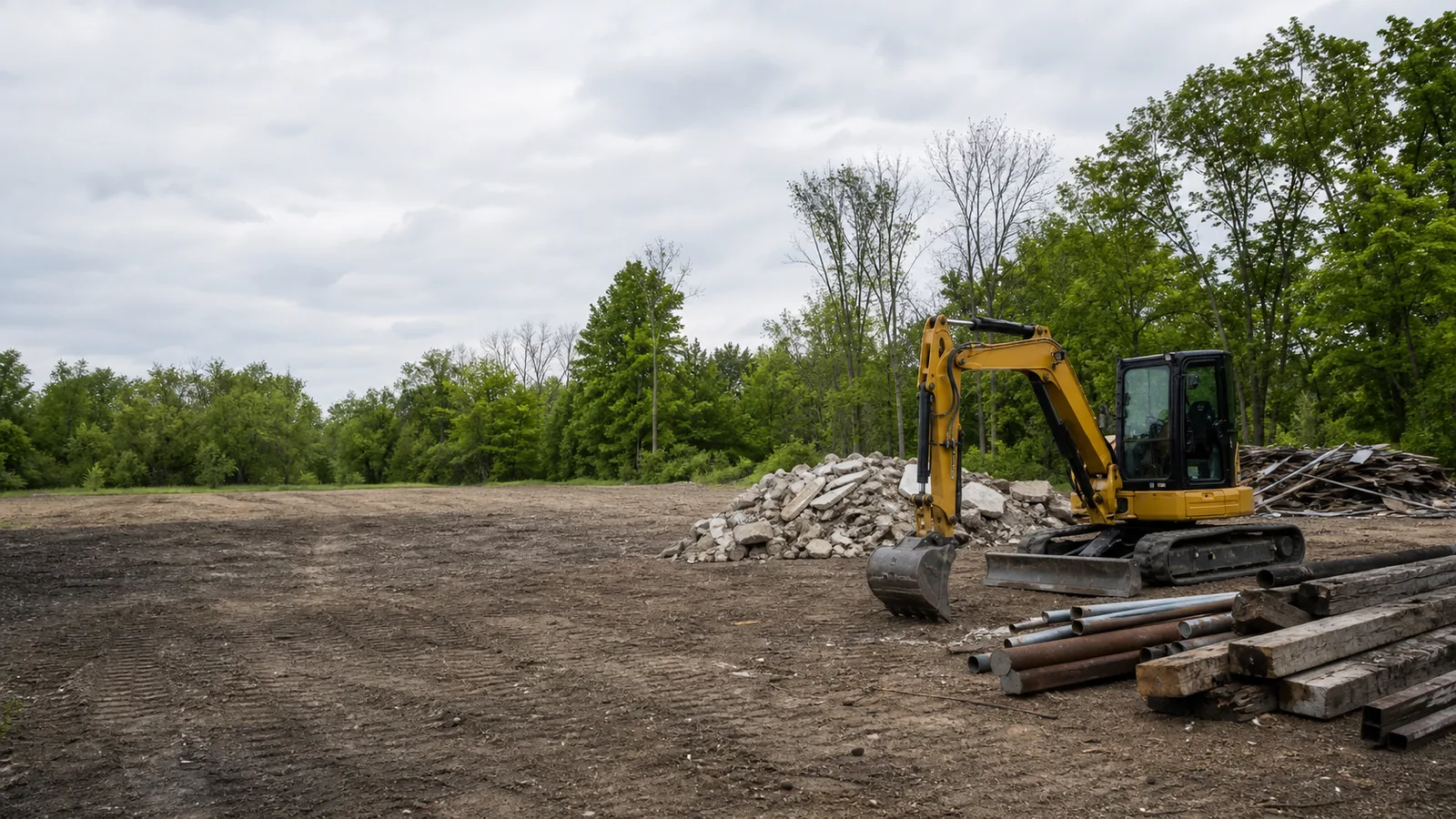 Unbranded demolition equipment staged at a Michigan work site