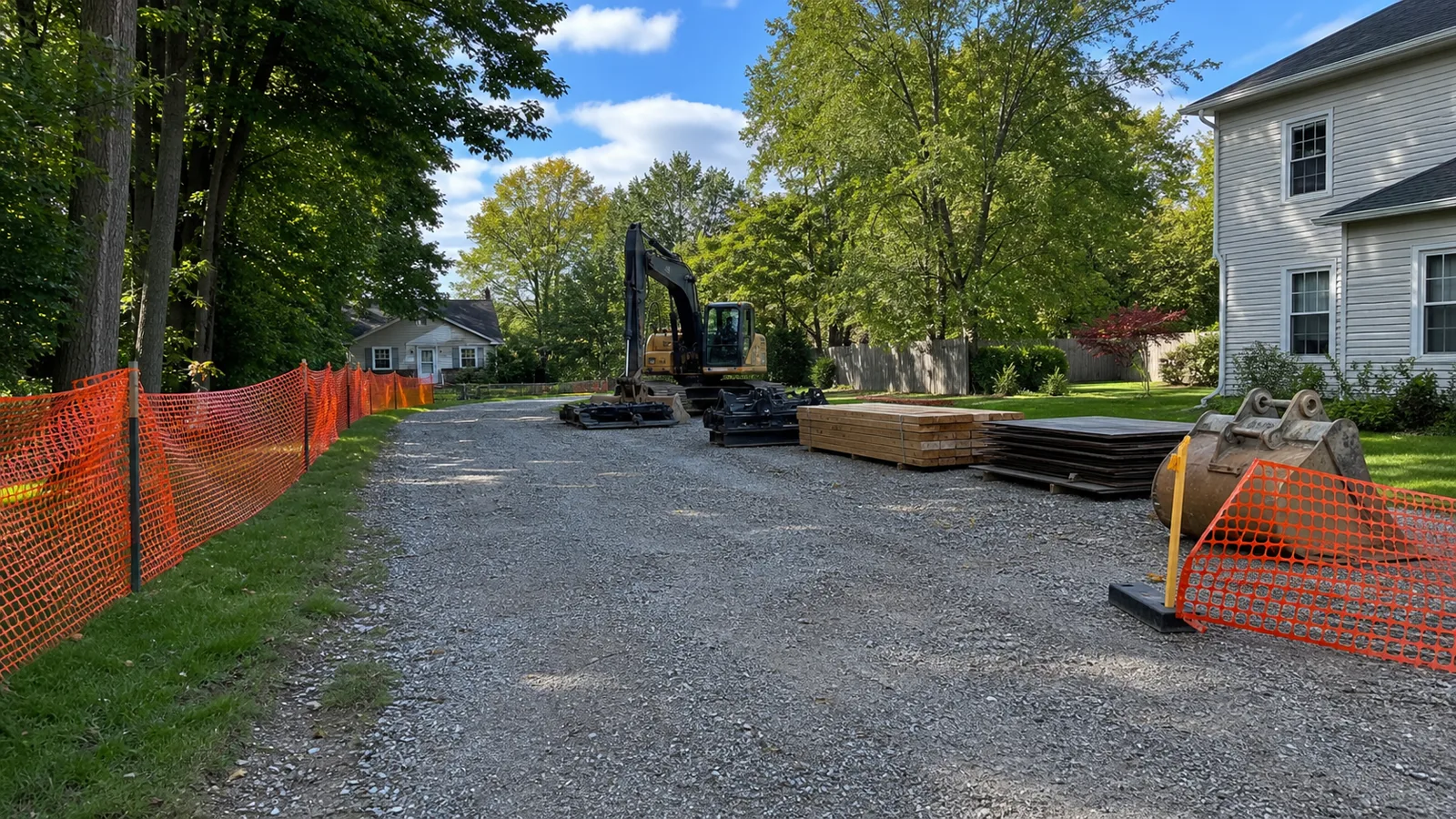 Ann Arbor demolition site access lane with protected edges and staging